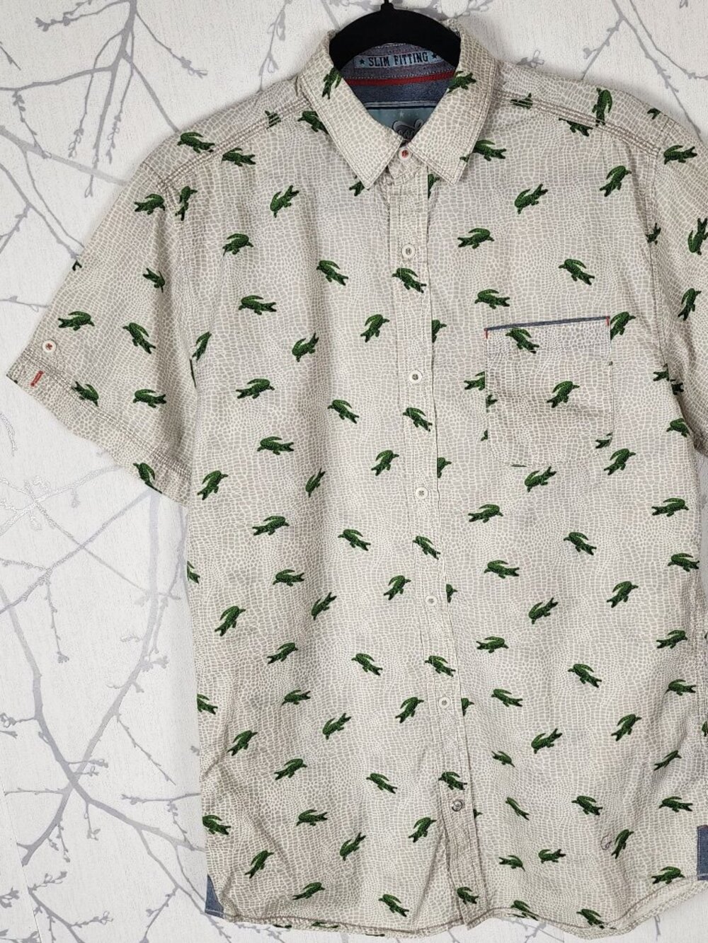 Good Vibes Beige Crocodile Print Cotton Slim Fit Shirt